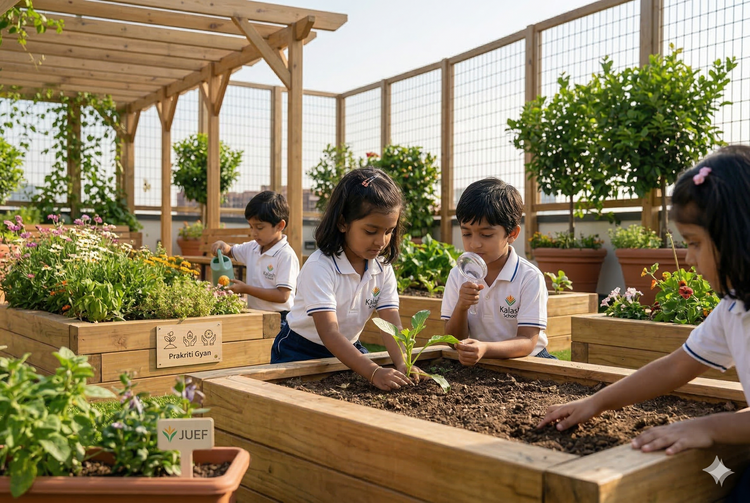 Children planting in JUEF's Prakriti Gyan rooftop garden — hands in the soil, learning through nature