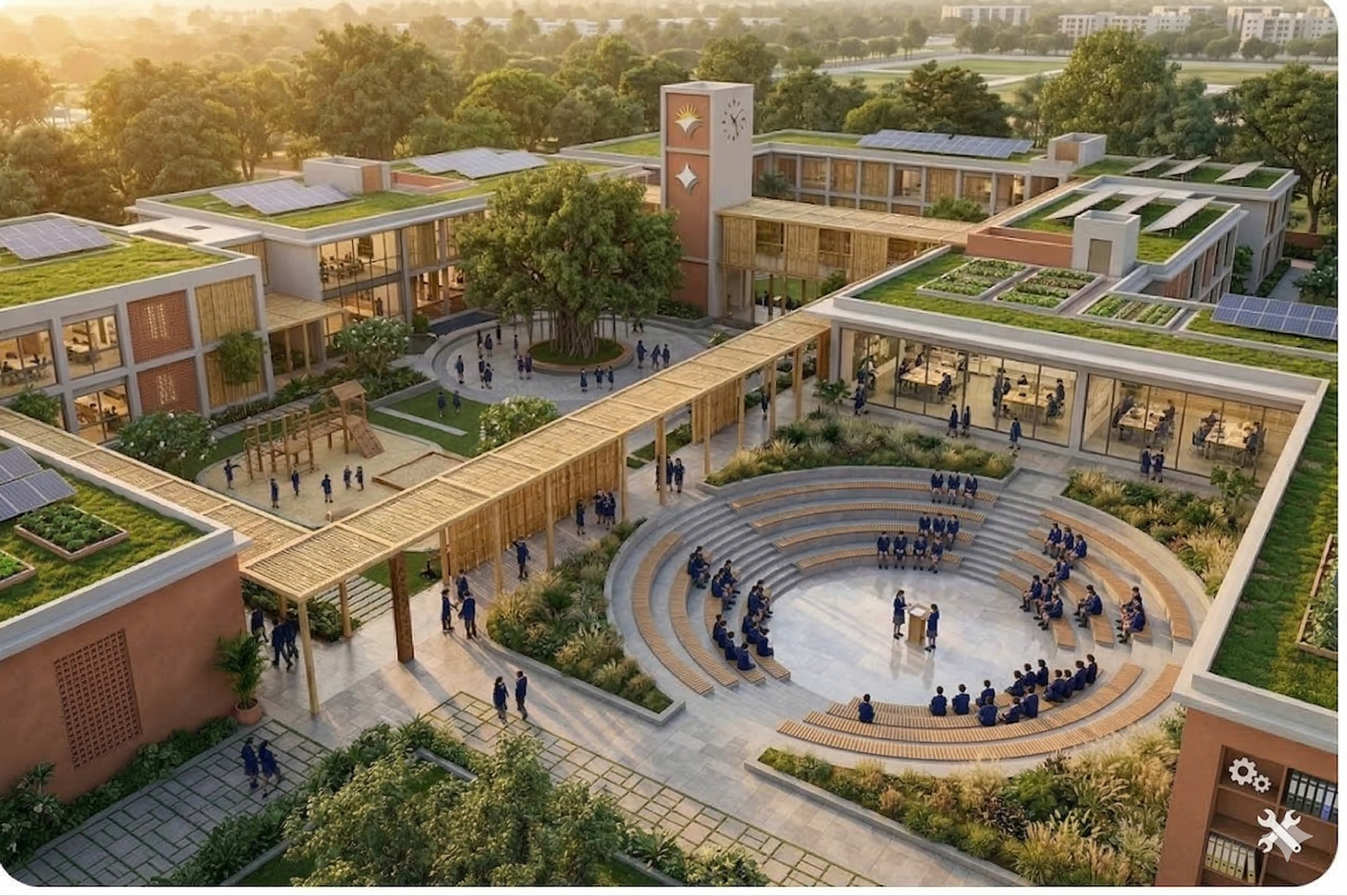 Aerial view of the integrated Shraman school campus with multiple buildings and green spaces