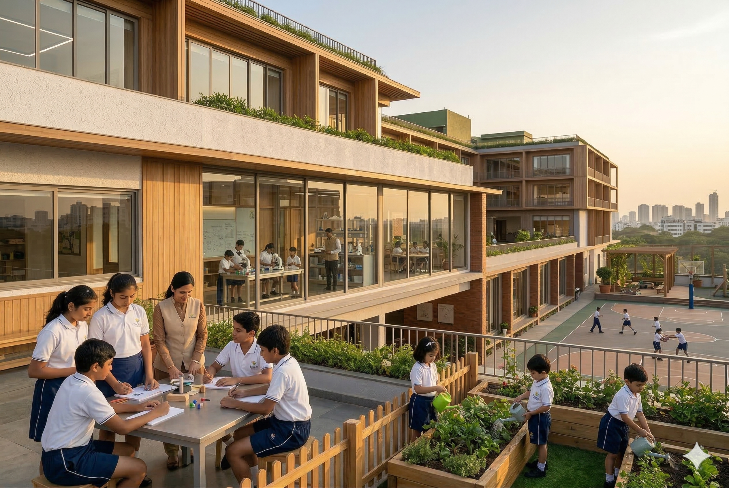 Students and teacher learning together on a rooftop terrace overlooking the modern Shraman school campus