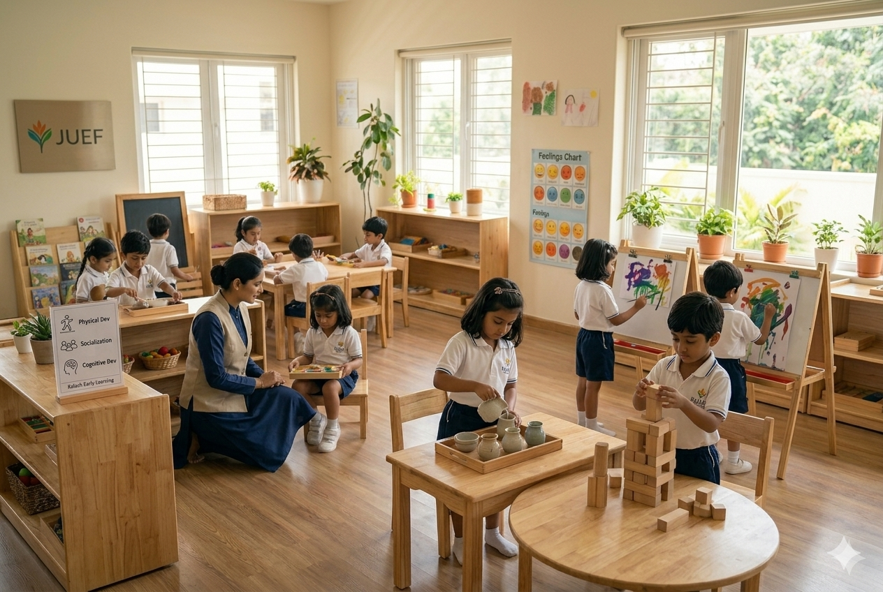 Kalash classroom alive with activity — children painting, building with blocks, making pottery, and exploring with their teacher