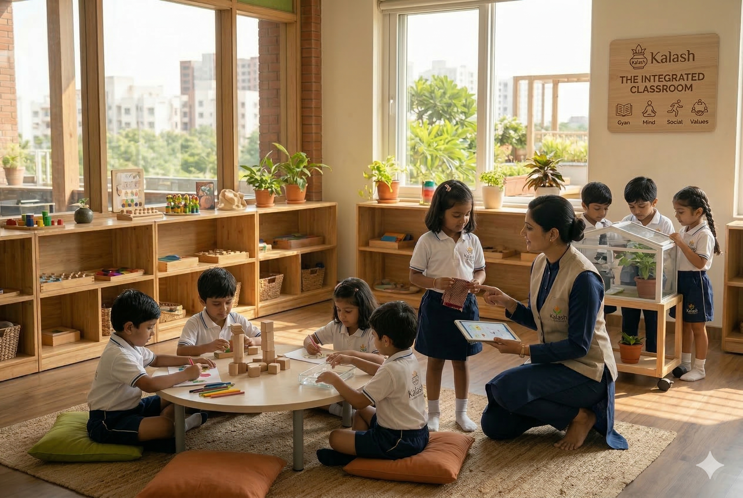 Warm Kalash classroom with wooden furniture, natural materials, and children exploring with their teacher