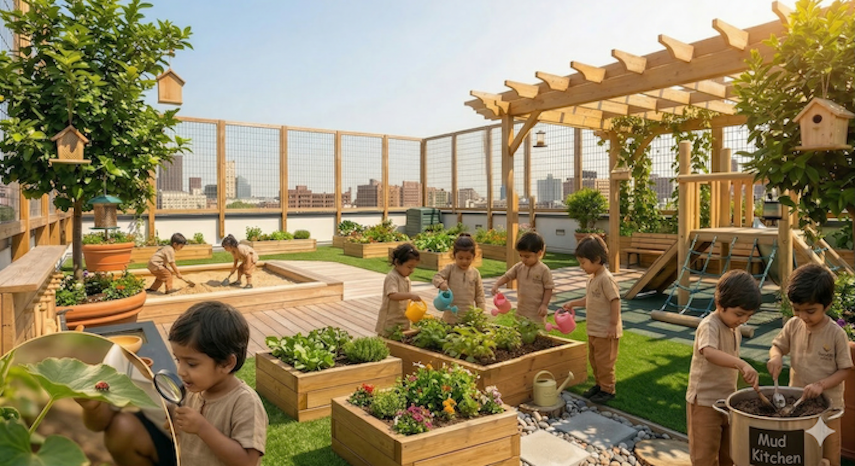 Kalash students gardening on rooftop — raised beds, mud kitchen, and nature exploration in the city