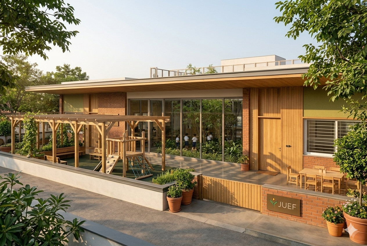 JUEF Kalash School — warm timber and glass building exterior with green courtyard and play areas