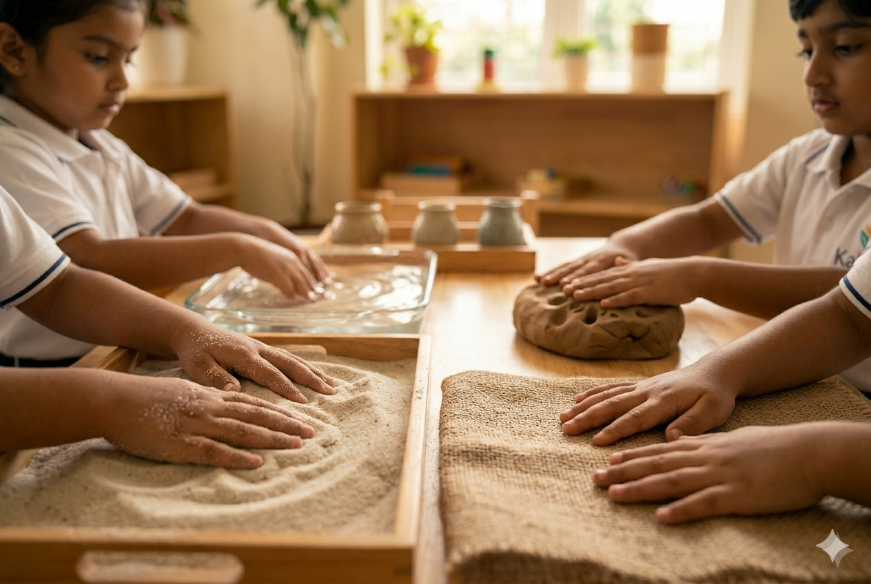 Children's hands exploring sand and clay — sensory activation through touch at Kalash School
