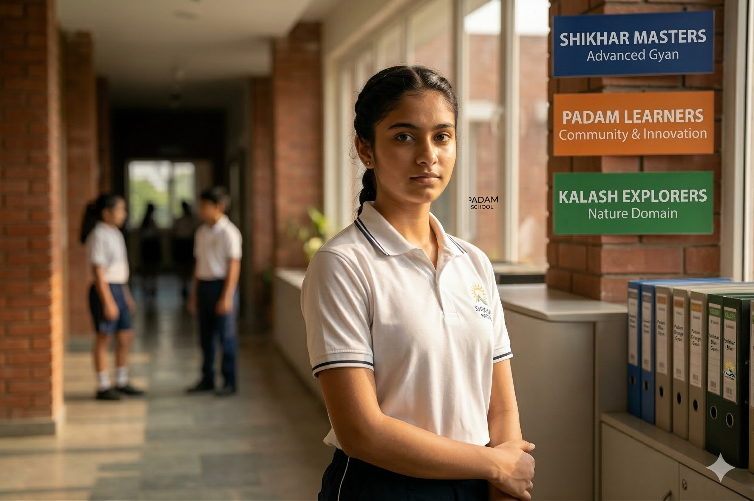 A confident young Kalash student in school uniform, ready to begin their Shraman education journey