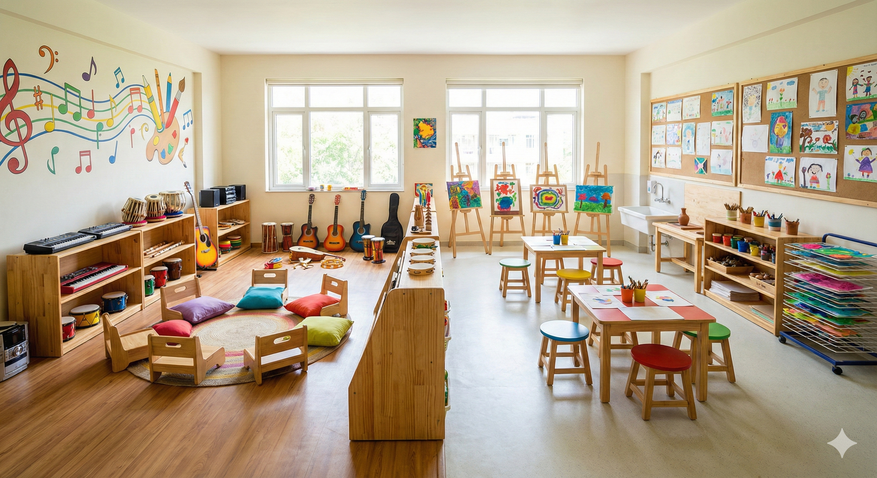 Music and art hall with instruments, easels, and colorful student artwork — creativity is core curriculum