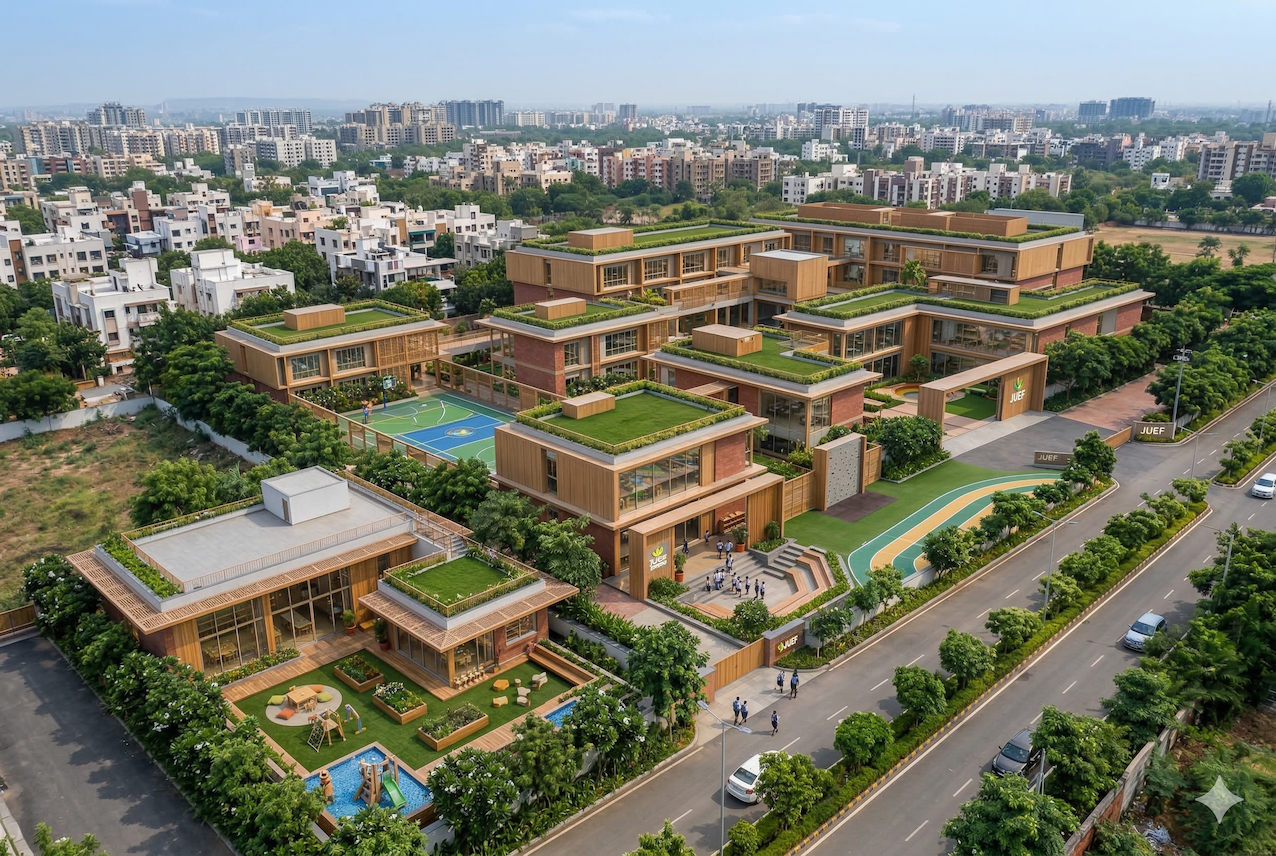 Shikhar School sports complex with athletic fields, indoor arena, and outdoor training facilities